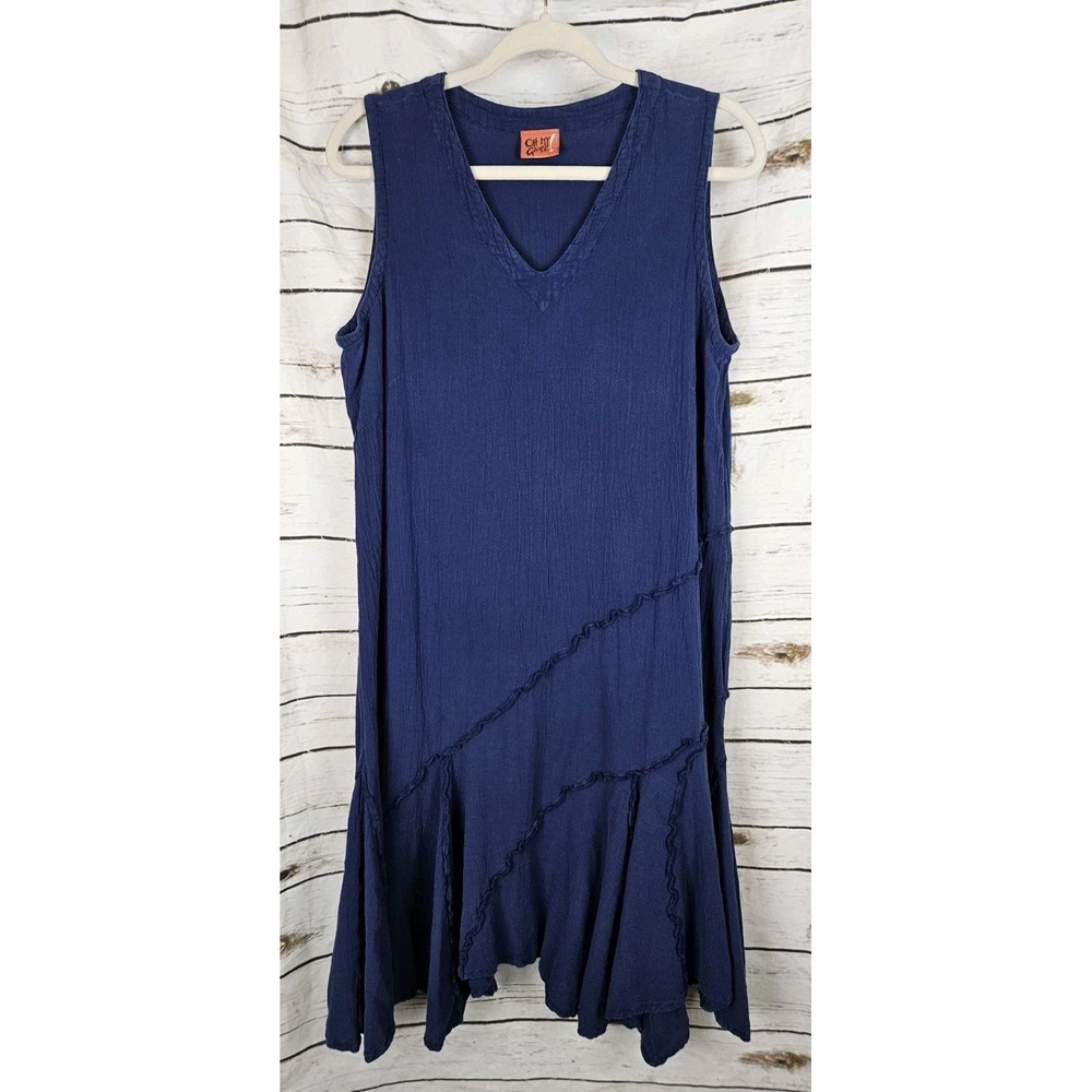 Oh My Gauze Crinkle Gauze Dress 2 S/M Ruffle 100% Cotton Lagenlook Navy Blue